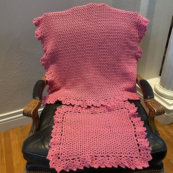 Handmade Crochet Baby Blanket Pink & White 35” X 33” & Shoulder Crochet Burp Pad - Picture 1 of 6